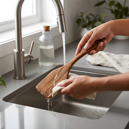 Hands hand washing a teak wood flat turner under running water at a kitchen sink with natural light and indoor plant in background, showing correct care instructions for the eco-friendly teak wood kitchen utensil set.
