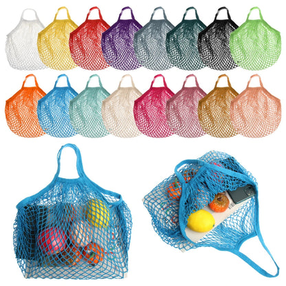 Reusable cotton mesh tote bags displayed in multiple colours including natural, blue, green, red and black, showing full range of colour variants available.