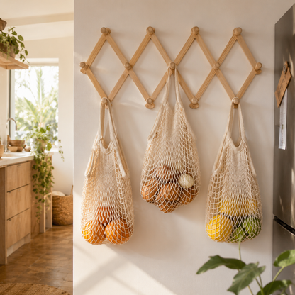 Natural cotton mesh tote bag hanged in the wall with fresh fruit on a kitchen, reusable market bag styled as an everyday essential.