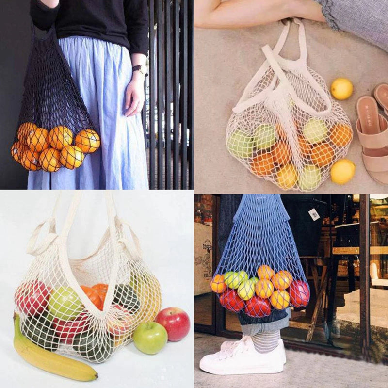 Woman carrying a natural cotton mesh tote bag full of fresh produce at an outdoor farmers market, reusable eco-friendly shopping bag in everyday use.