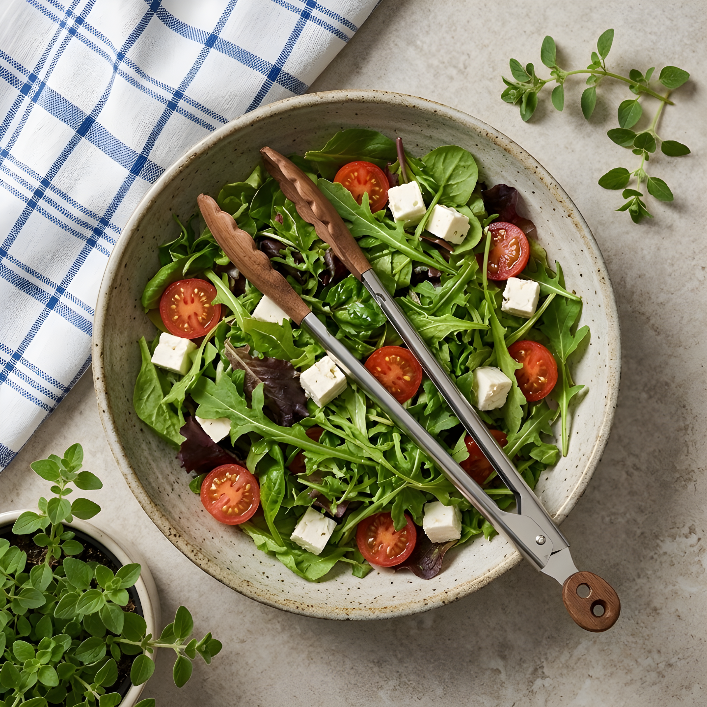 Walnut wood tongs tossing a fresh green salad with tomato and feta