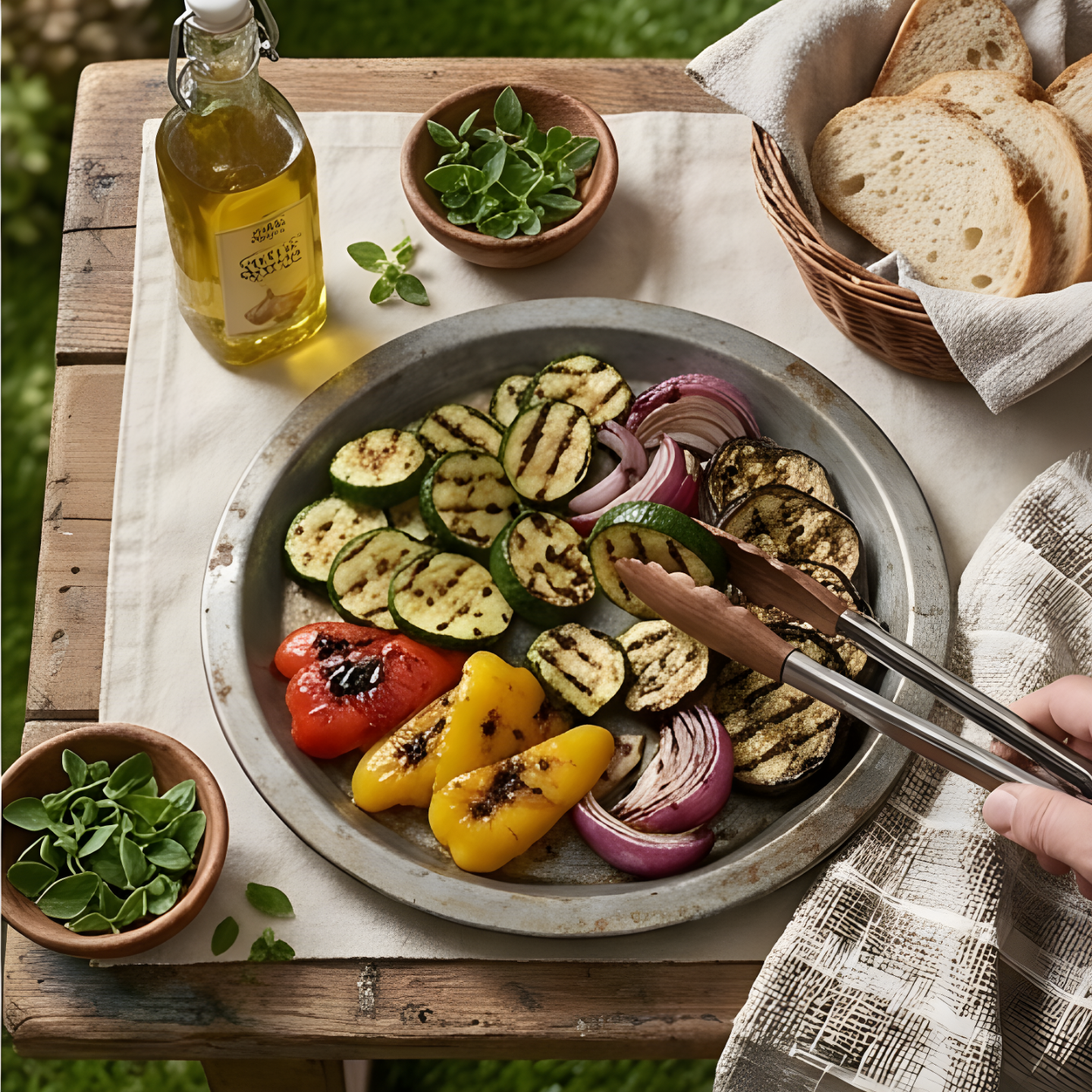 Walnut wood tongs turning grilled vegetables on an outdoor barbecue. 