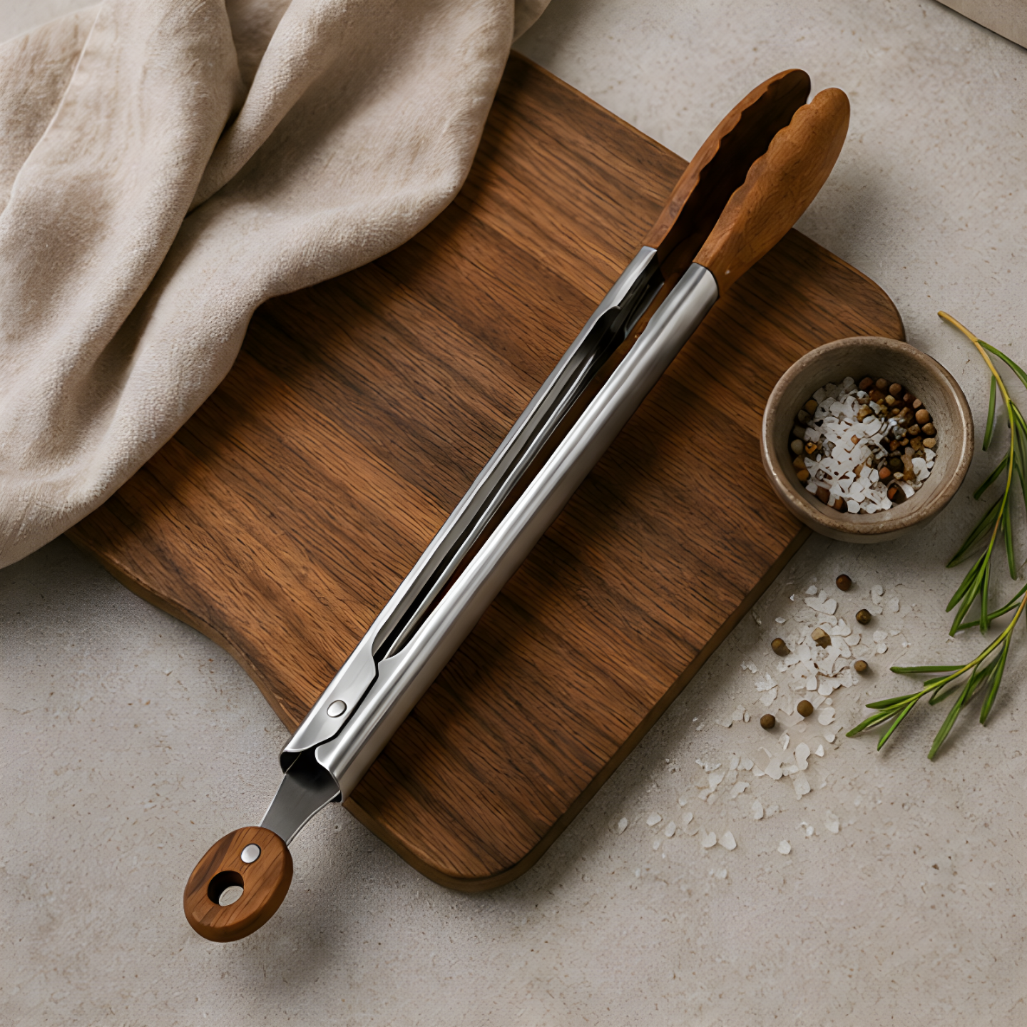 Walnut wood tongs in a wooden chopping board with rock salt, herbs and a linen napkin. 