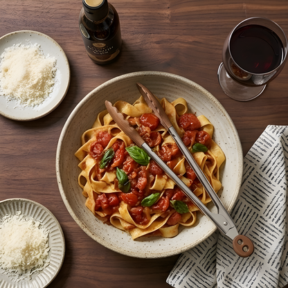 Walnut wood tongs serving pasta beside a glass of red wine and parmesan